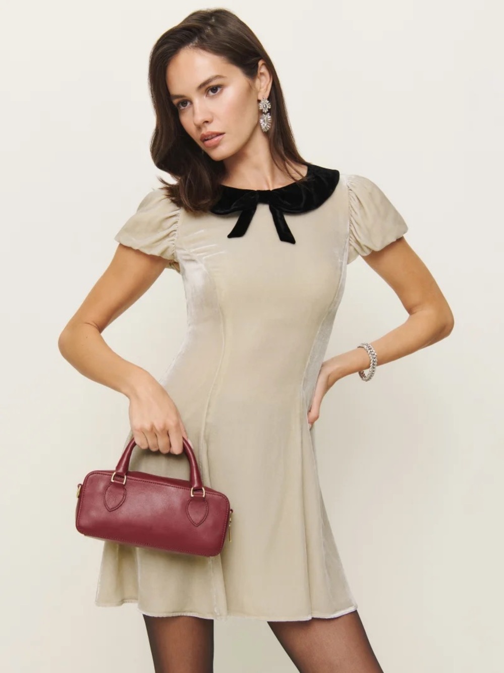 Reformation Beige Velvet Fit-and-Flare Dress with Black Peter Pan holiday dress